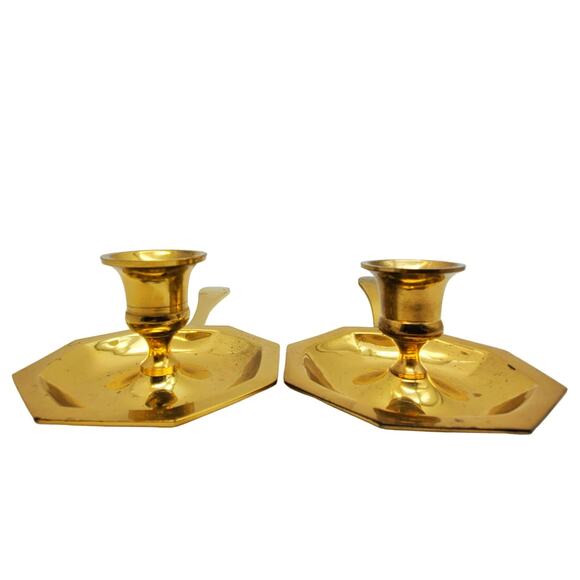 2 Brass Candlestick Holders Handle Tray 6" Vintage Chambersticks Candleholders - Picture 3 of 12